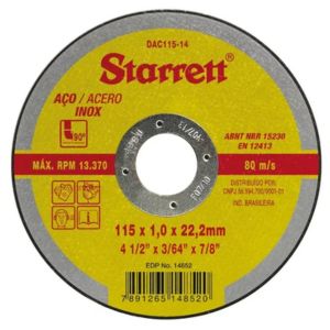 Disco de corte fino para aço inox Starrett de 4 e meia polegadas, abrasivo circular metálico amarelo, fundo branco, fotografia de produto em estúdio