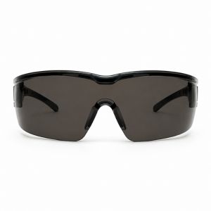 Óculos de segurança industrial com lente fumê e armação leve, EPI para proteção ocular, fundo neutro, fotografia de produto em estúdio
