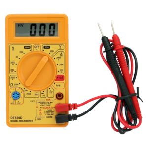 Multímetro digital amarelo e preto portátil, instrumento de medição elétrica profissional, fundo neutro, fotografia de produto em estúdio