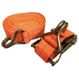 Conjunto de cinta e catraca laranja para amarração de cargas, acessório de fixação industrial, fundo neutro, fotografia de produto em estúdio