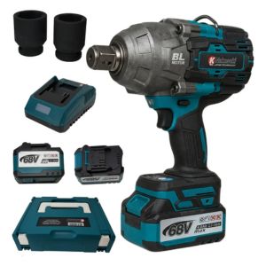 Chave de impacto a bateria profissional azul e preta Makita, ferramenta elétrica industrial, fundo neutro, fotografia de produto em estúdio