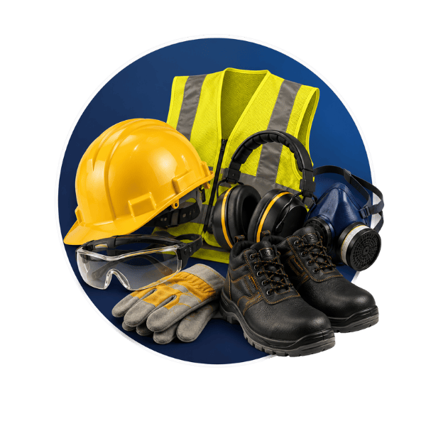 Kit completo de equipamentos de proteção individual com capacete amarelo, colete refletivo, óculos, luvas, protetor auricular, máscara respiratória e botina de segurança, fotografia de produto em fundo circular azul degradê