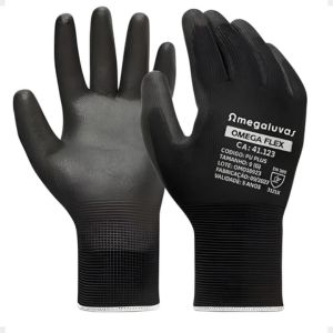 Luva de proteção preta em malha de poliamida com revestimento de poliuretano multitato, EPI para mãos, fundo neutro, fotografia de produto em estúdio