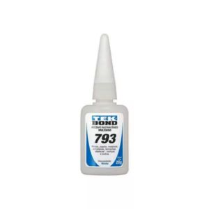 Tubo de adesivo instantâneo Tekbond 793 embalagem azul e amarela, fundo neutro, fotografia de produto em estúdio