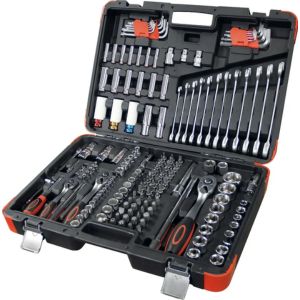 Maleta de jogo de ferramentas manuais com 178 peças organizadas, kit de oficina profissional, fundo neutro, fotografia de produto em estúdio