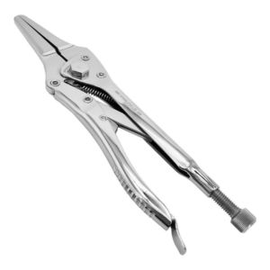 Alicate de pressão com trava ajustável e mordente serrilhado, ferramenta manual industrial, fundo neutro, fotografia de produto em estúdio