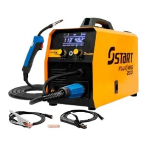 Máquina de solda inversora retificadora monofásica de 200 amperes, laranja e preta, com tocha MIG, cabos de aterramento e cilindro de gás, equipamento industrial, fundo neutro, fotografia de produto em estúdio