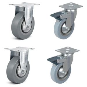 Conjunto de quatro rodízios industriais, sendo dois giratórios com trava e dois fixos, rodas de poliuretano cinza e placas de fixação metálicas prateadas, acessórios para movimentação de cargas, fundo branco, fotografia de produto em estúdio